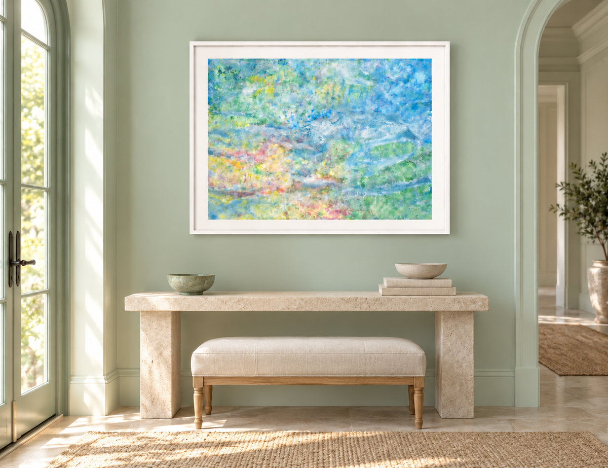 Illustrative interior mockup of Magic Kingdom by Iris Grace in a white frame, with a complementary room scene