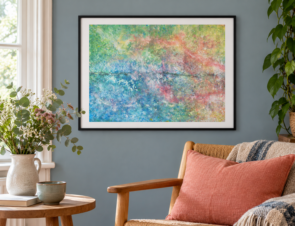 Illustrative room mockup of Magic Place by Iris Grace in a black frame