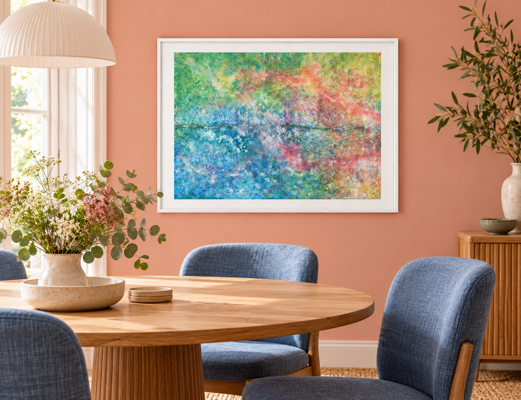 Illustrative interior mockup of Magic Place by Iris Grace in a white frame, with a complementary room scene