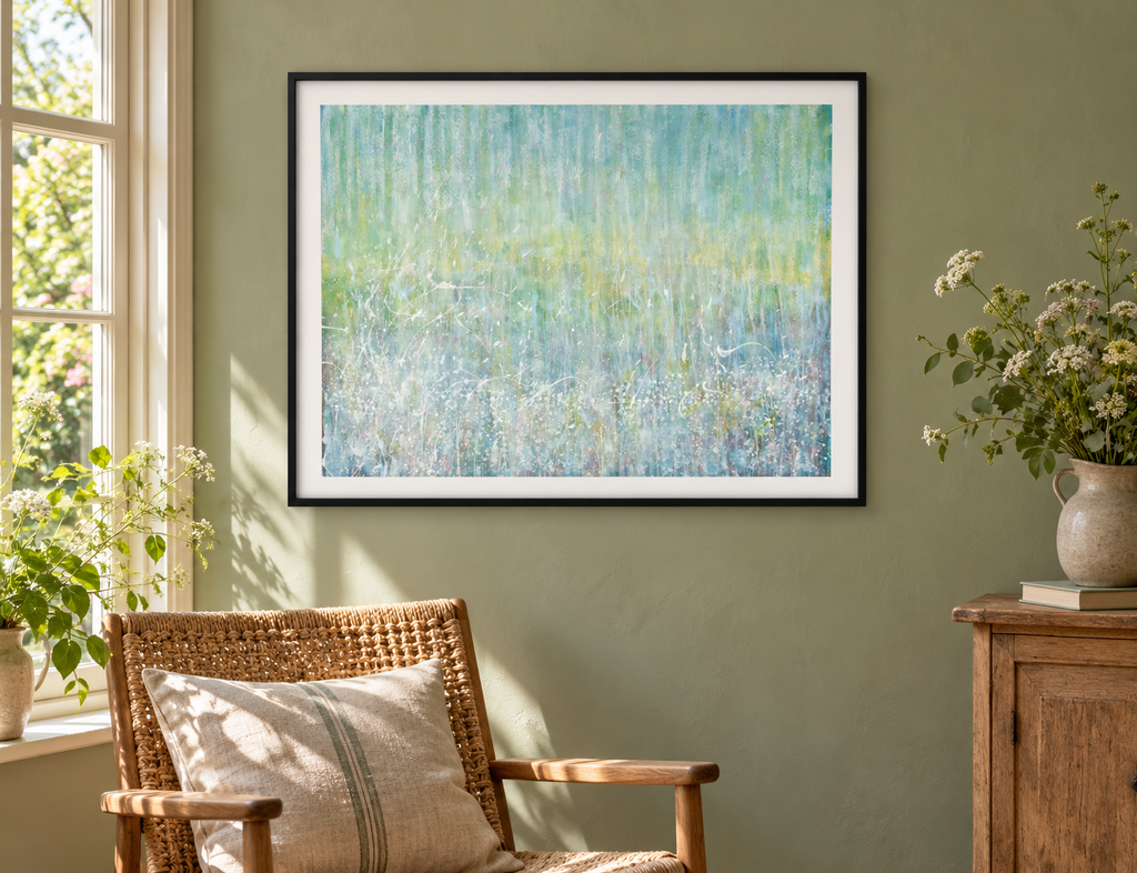 Illustrative room mockup of Meadow Foxtail by Iris Grace in a black frame