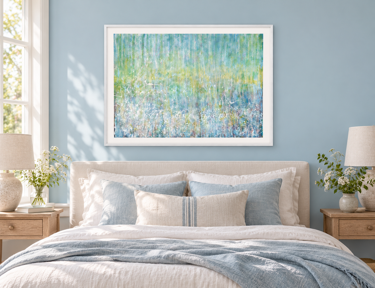 Illustrative interior mockup of Meadow Foxtail by Iris Grace in a white frame, with a complementary room scene