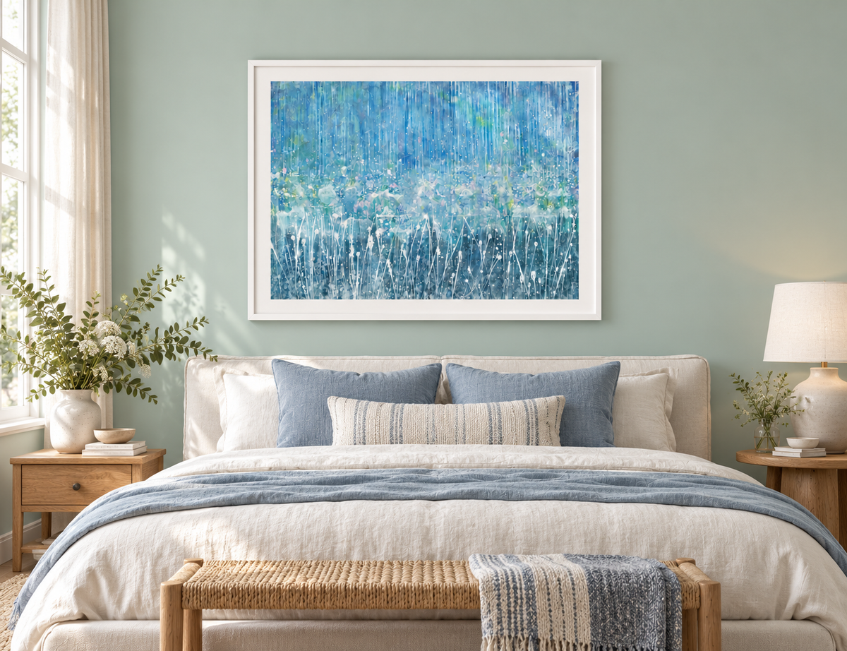 Illustrative interior mockup of Monsoon by Iris Grace in a white frame, with a complementary room scene