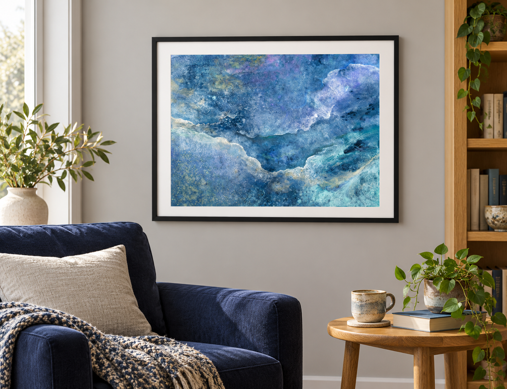 Illustrative room mockup of Moon River & Me by Iris Grace in a black frame