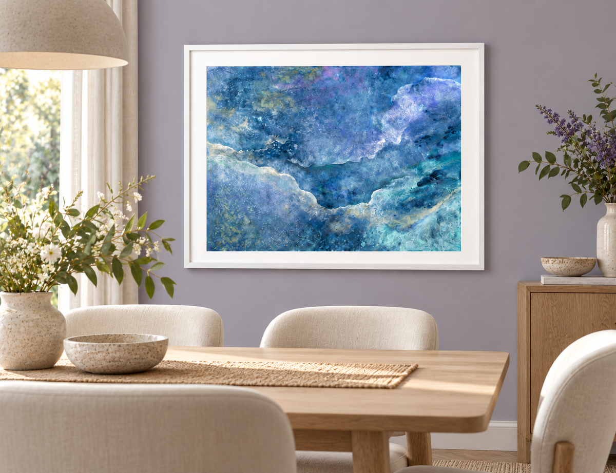 Illustrative interior mockup of Moon River & Me by Iris Grace in a white frame, with a complementary room scene