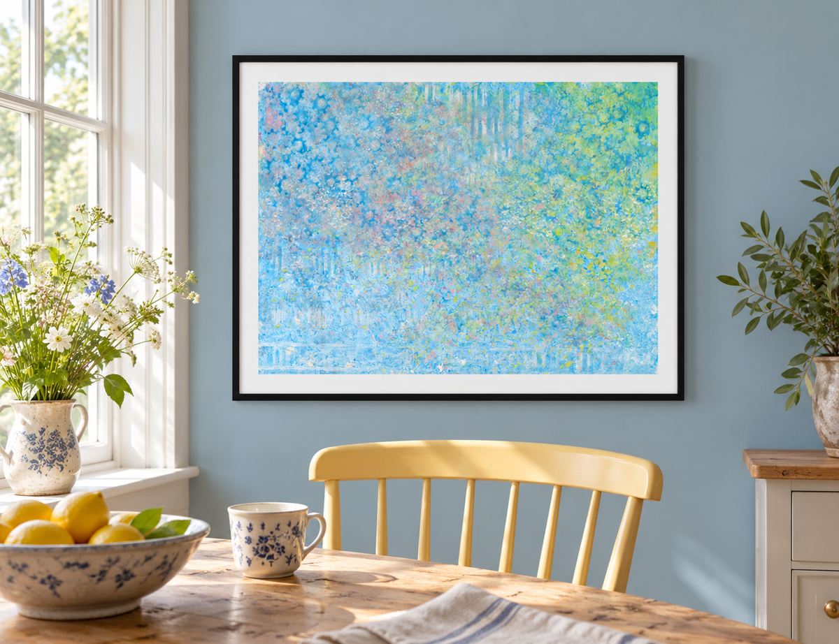 Illustrative room mockup of Motion by Iris Grace in a black frame
