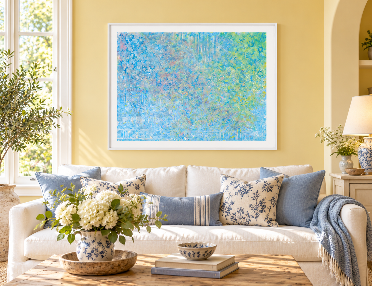 Illustrative interior mockup of Motion by Iris Grace in a white frame, with a complementary room scene