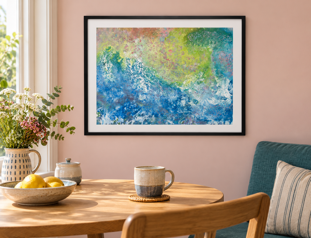 Illustrative room mockup of Octavia by Iris Grace in a black frame
