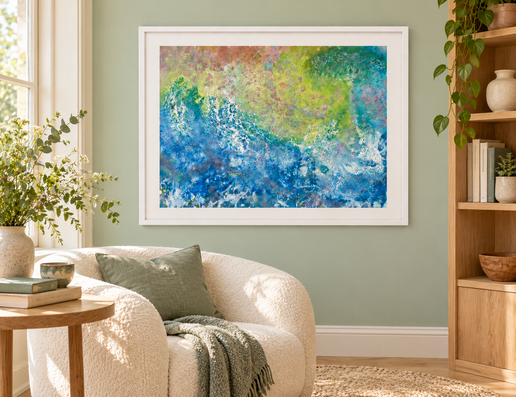 Illustrative interior mockup of Octavia by Iris Grace in a white frame, with a complementary room scene