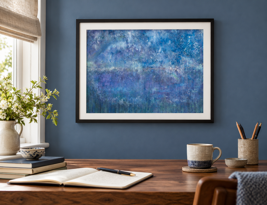 Illustrative room mockup of Open A New Window by Iris Grace in a black frame