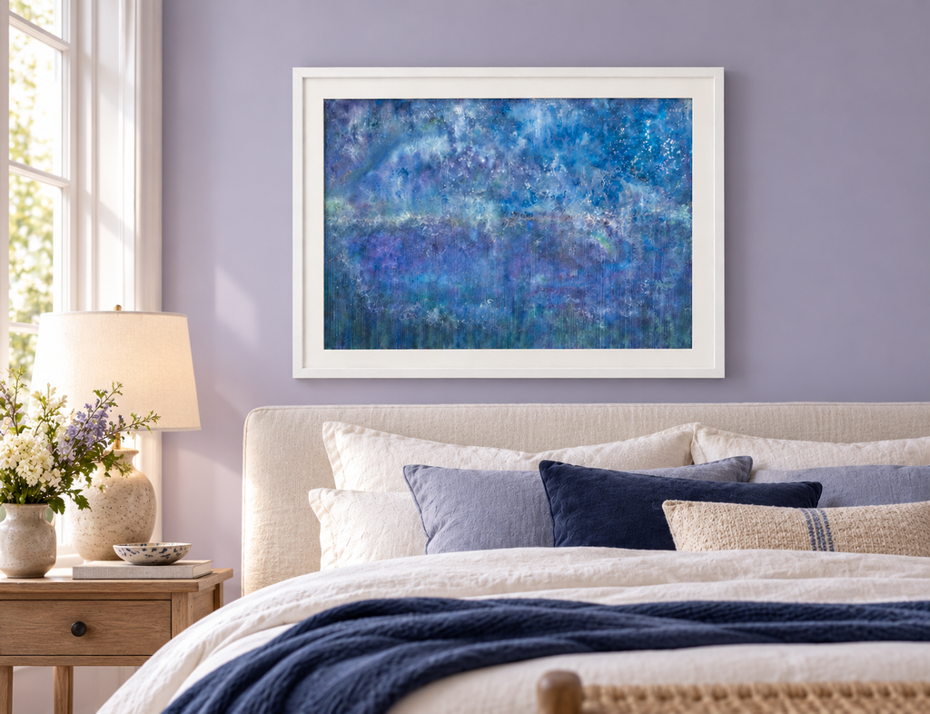 Illustrative interior mockup of Open A New Window by Iris Grace in a white frame, with a complementary room scene
