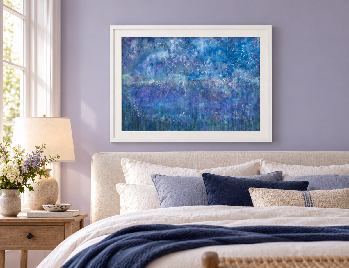 Illustrative interior mockup of Open A New Window by Iris Grace in a white frame, with a complementary room scene