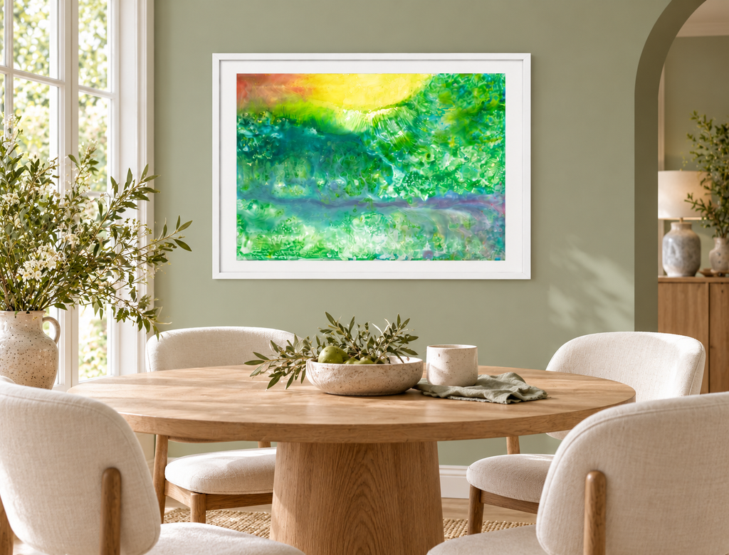 Illustrative interior mockup of Over in the Ocean by Iris Grace in a white frame, with a complementary room scene