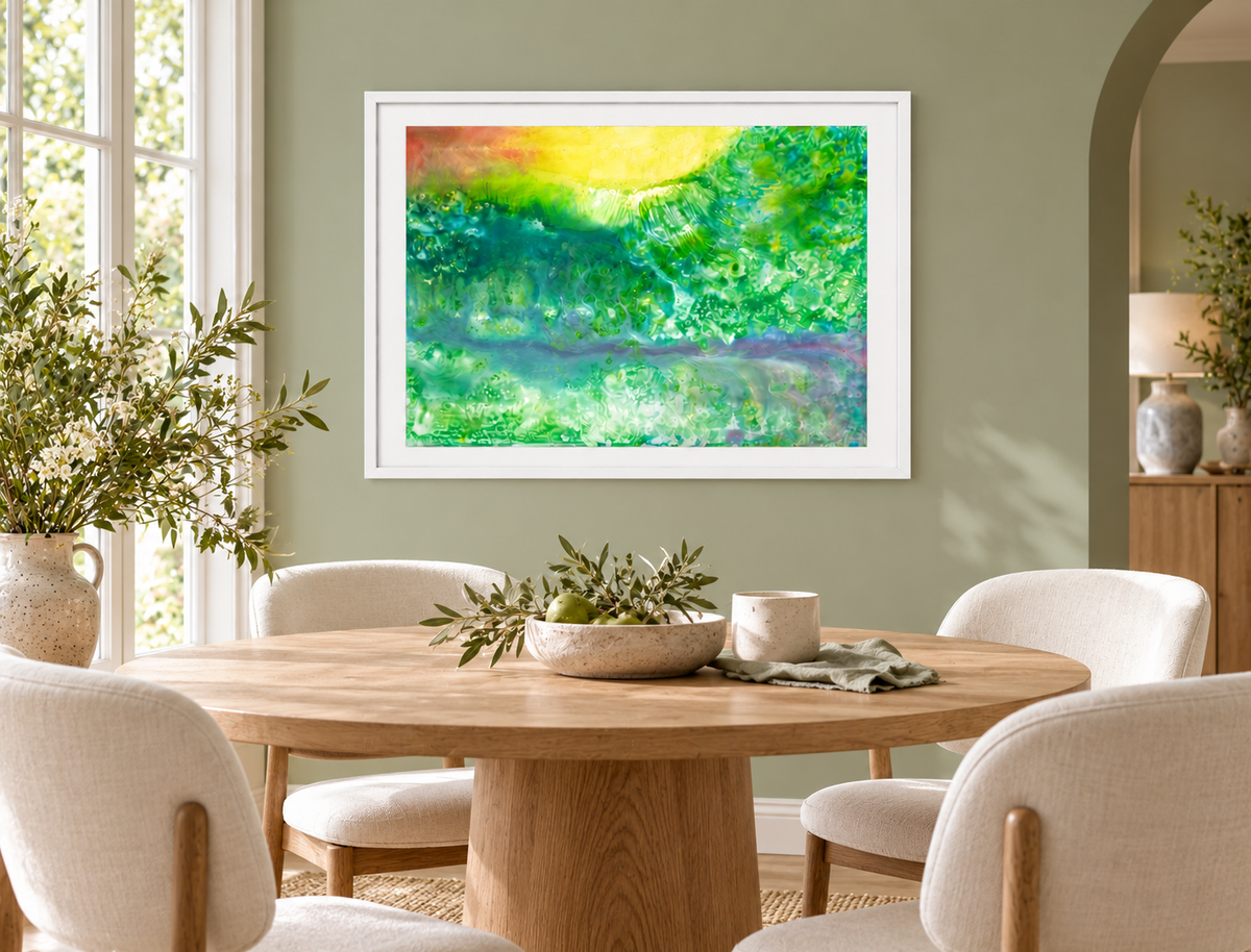 Illustrative interior mockup of Over in the Ocean by Iris Grace in a white frame, with a complementary room scene