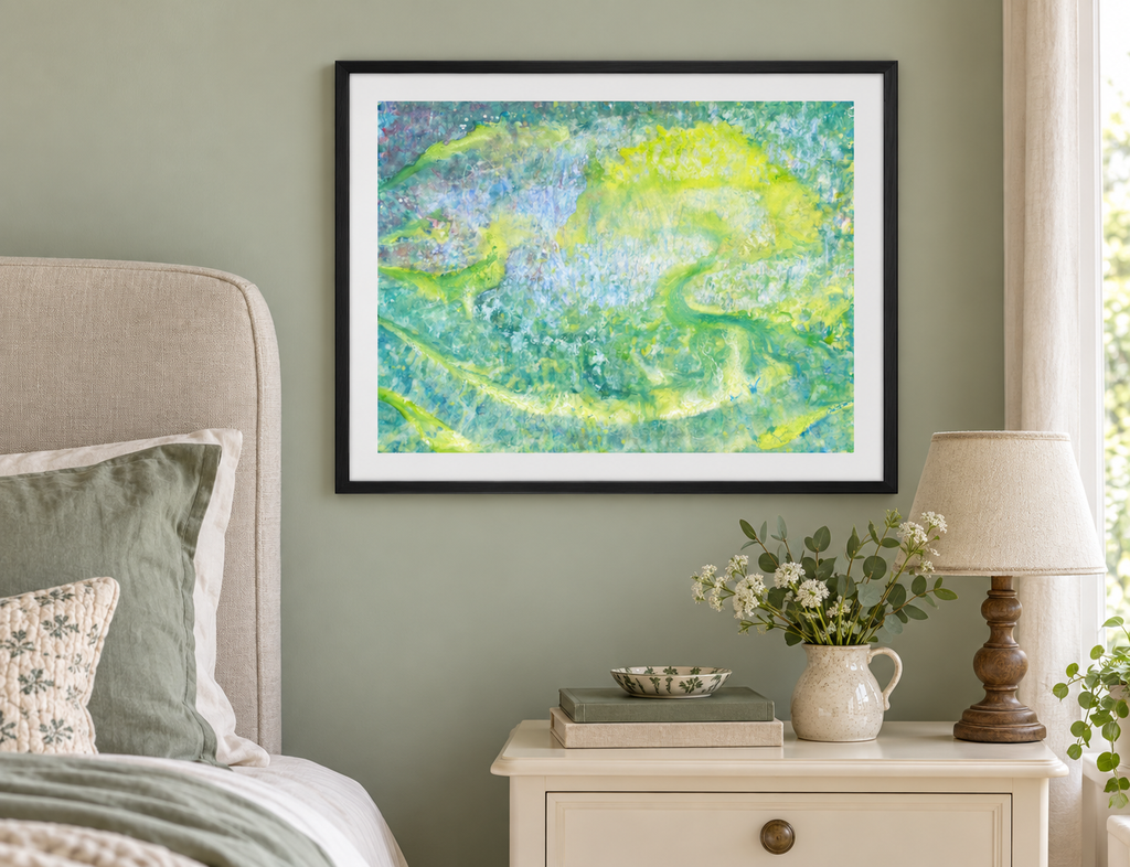 Illustrative room mockup of Painting a Lullaby by Iris Grace in a black frame