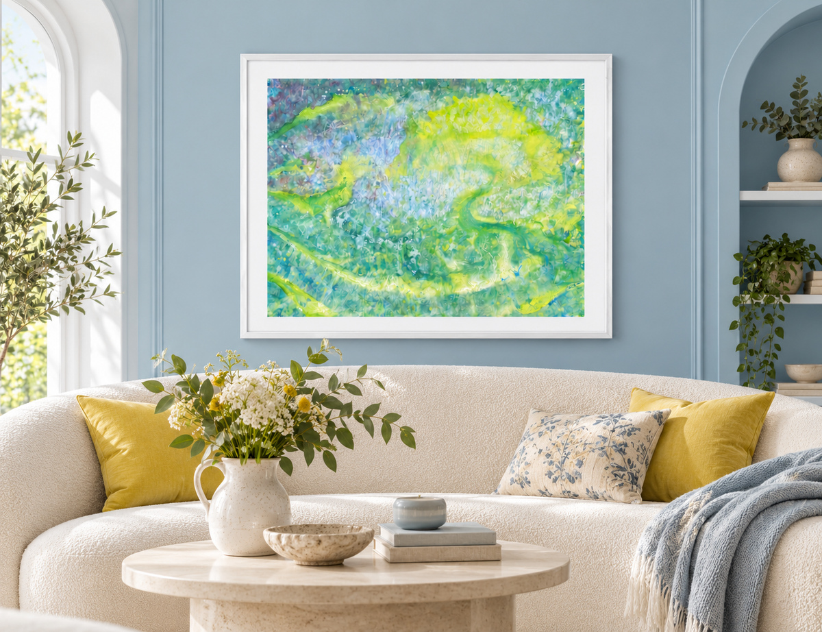 Illustrative interior mockup of Painting a Lullaby by Iris Grace in a white frame, with a complementary room scene