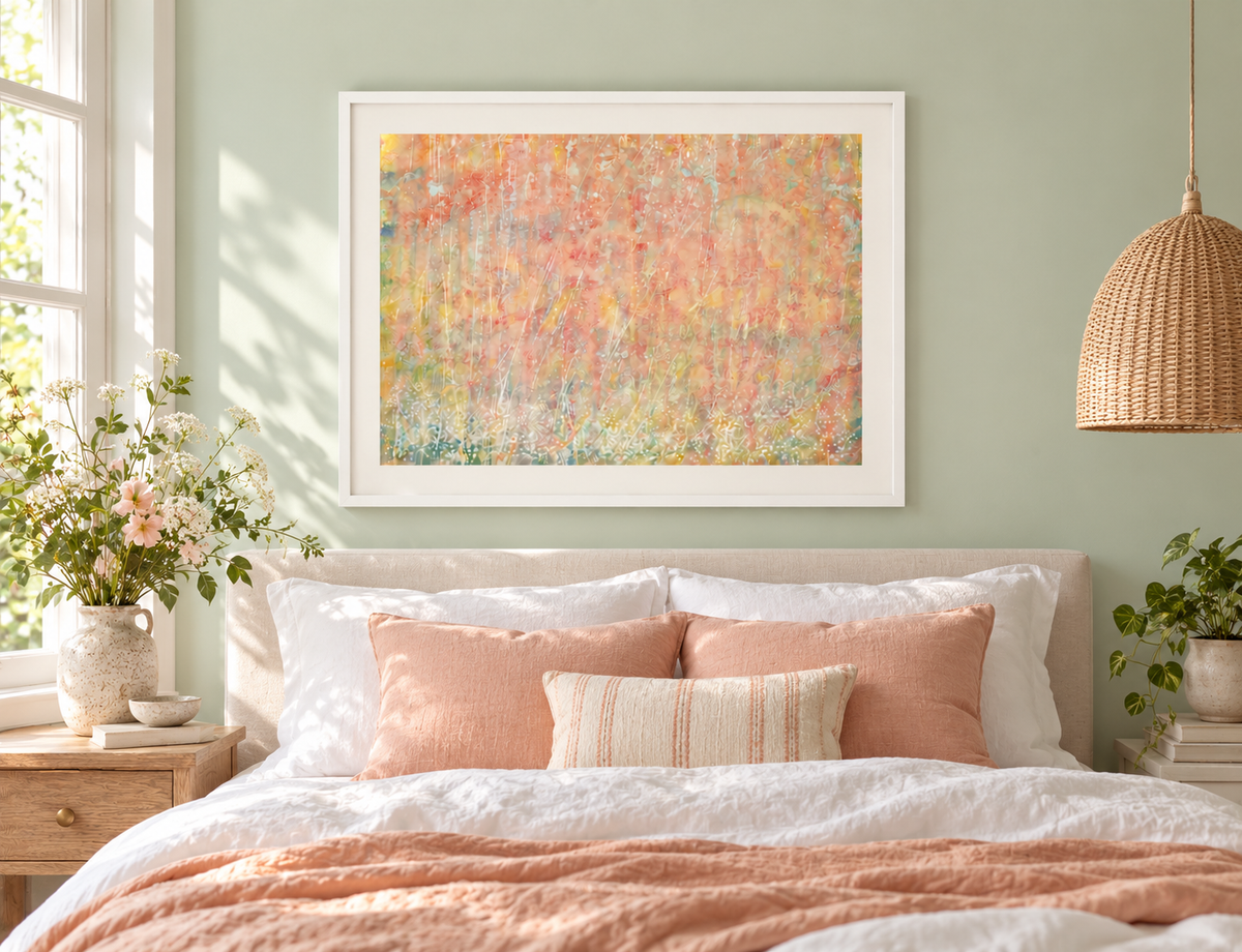 Illustrative interior mockup of Paquita by Iris Grace in a white frame, with a complementary room scene