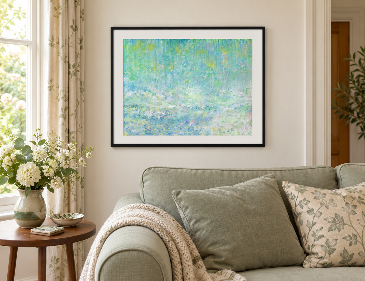 Illustrative room mockup of Patience by Iris Grace in a black frame