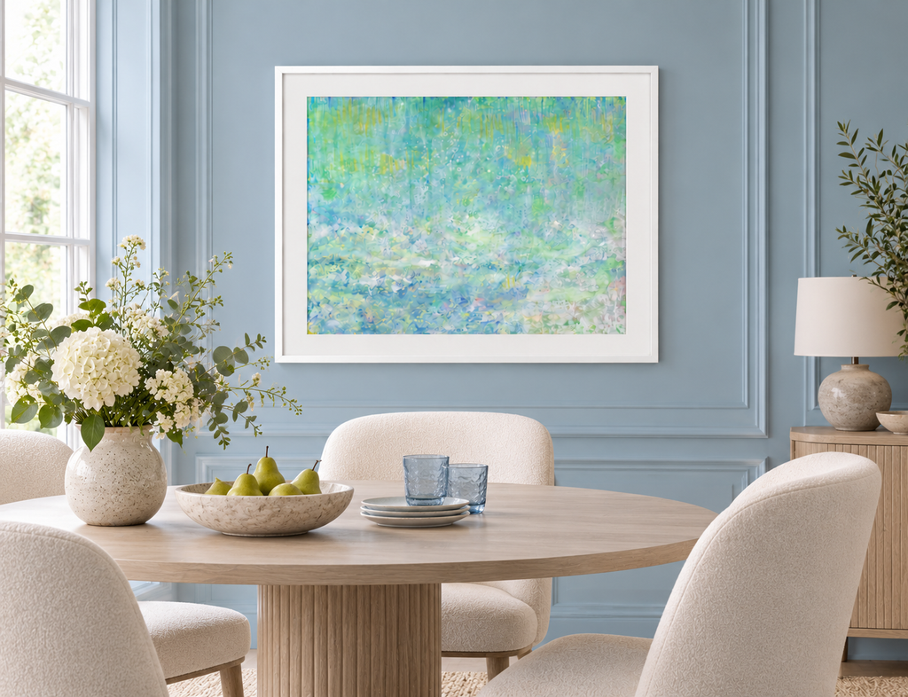 Illustrative interior mockup of Patience by Iris Grace in a white frame, with a complementary room scene