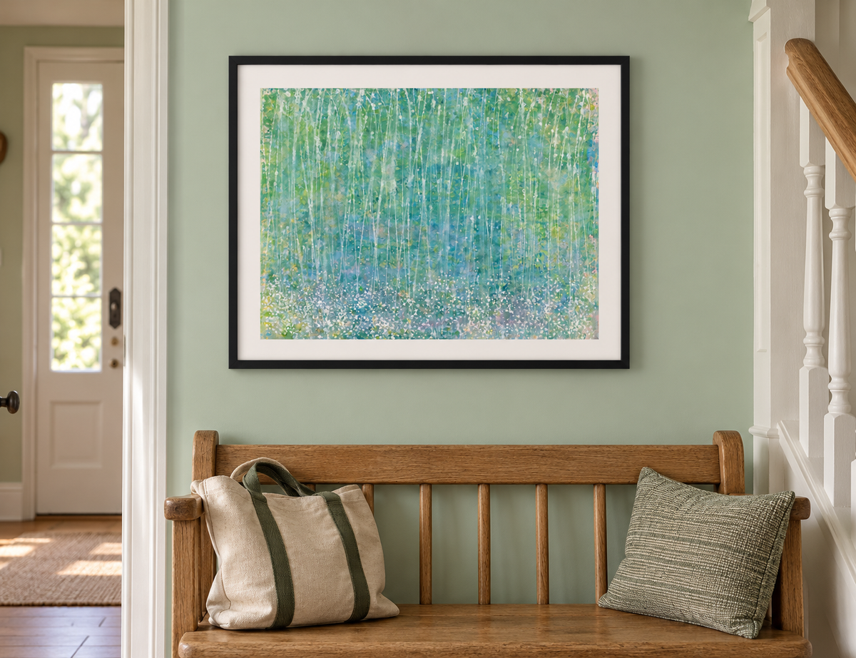 Illustrative room mockup of Pitter-Pat by Iris Grace in a black frame