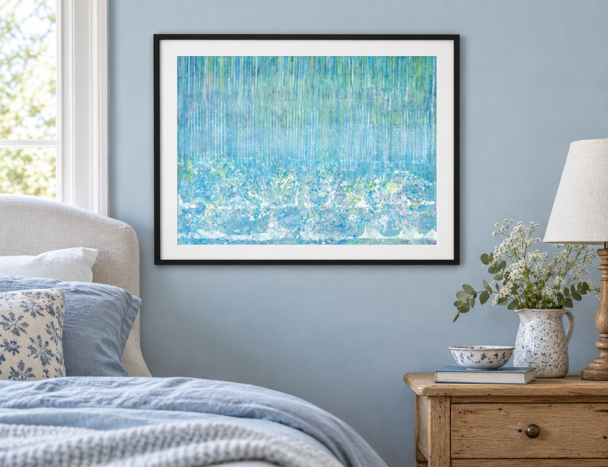 Illustrative room mockup of Rain Drops by Iris Grace in a black frame