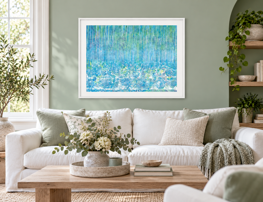 Illustrative interior mockup of Rain Drops by Iris Grace in a white frame, with a complementary room scene