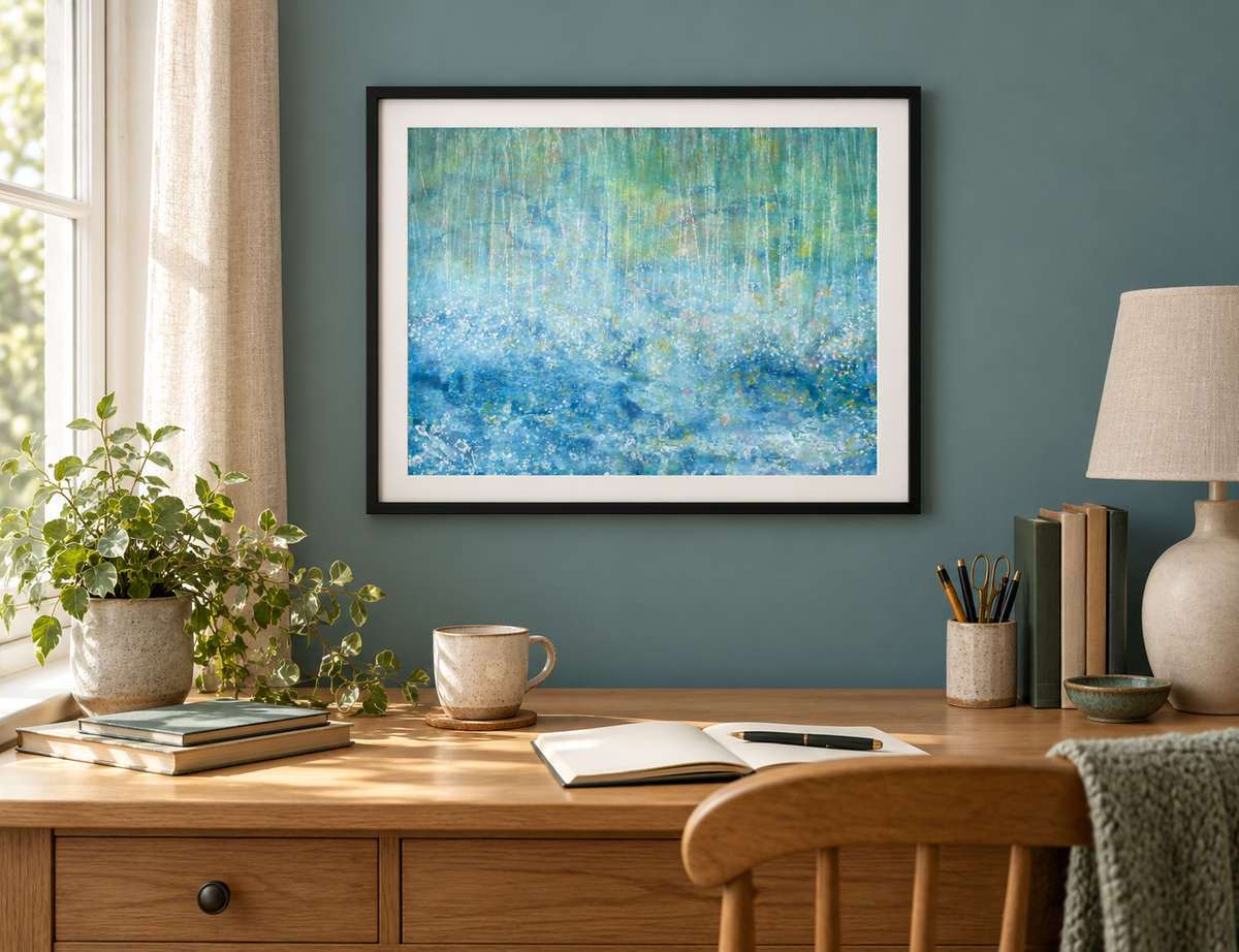 Illustrative room mockup of Raining Cats by Iris Grace in a black frame