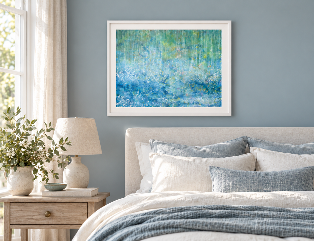 Illustrative interior mockup of Raining Cats by Iris Grace in a white frame, with a complementary room scene