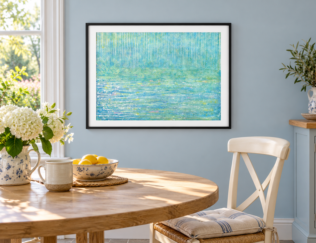 Illustrative room mockup of Row Your Boat by Iris Grace in a black frame