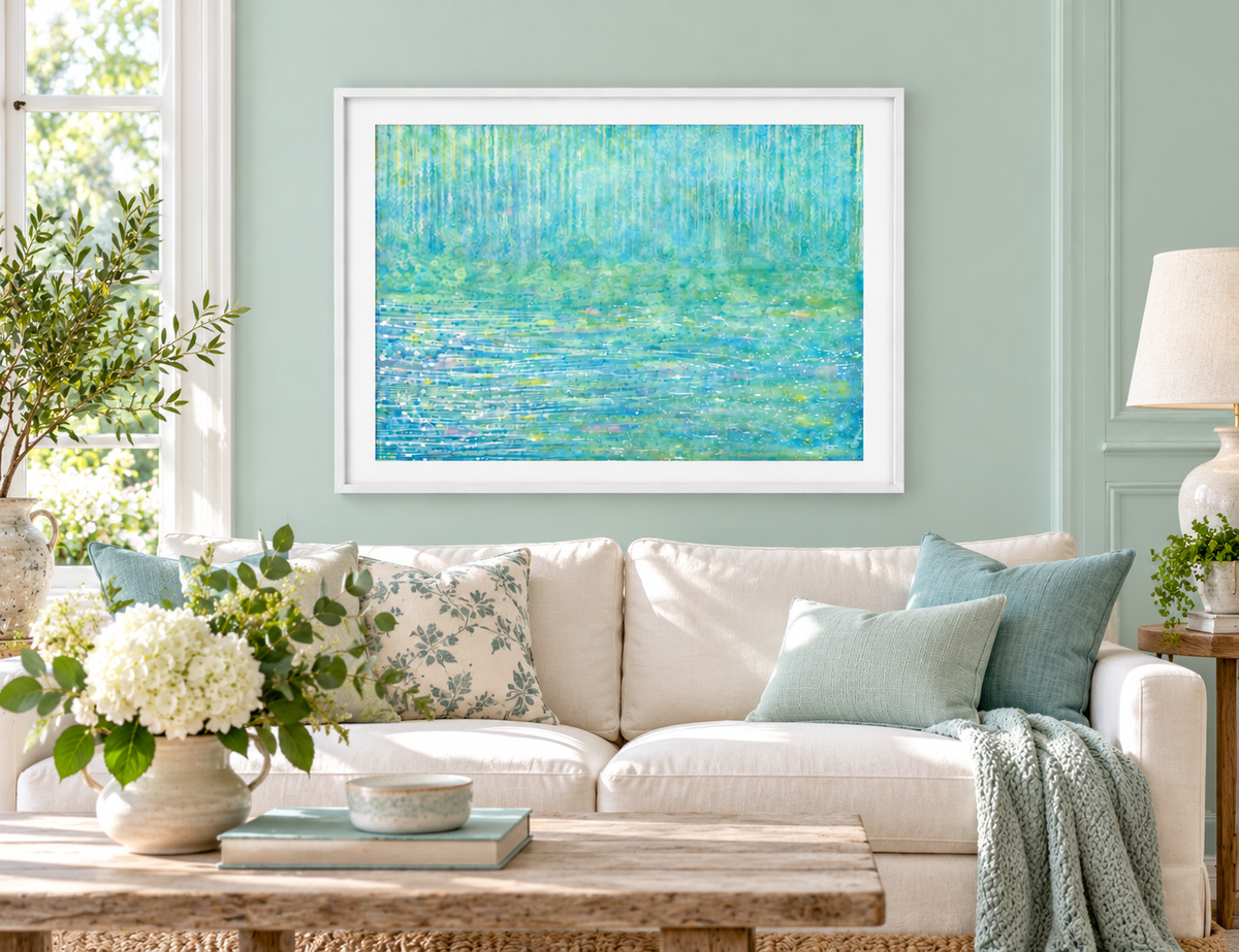 Illustrative interior mockup of Row Your Boat by Iris Grace in a white frame, with a complementary room scene