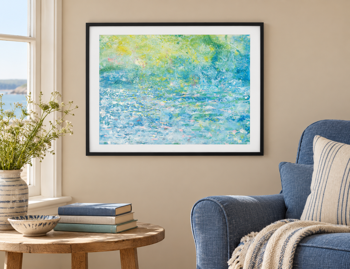Illustrative room mockup of Sea Angel by Iris Grace in a black frame