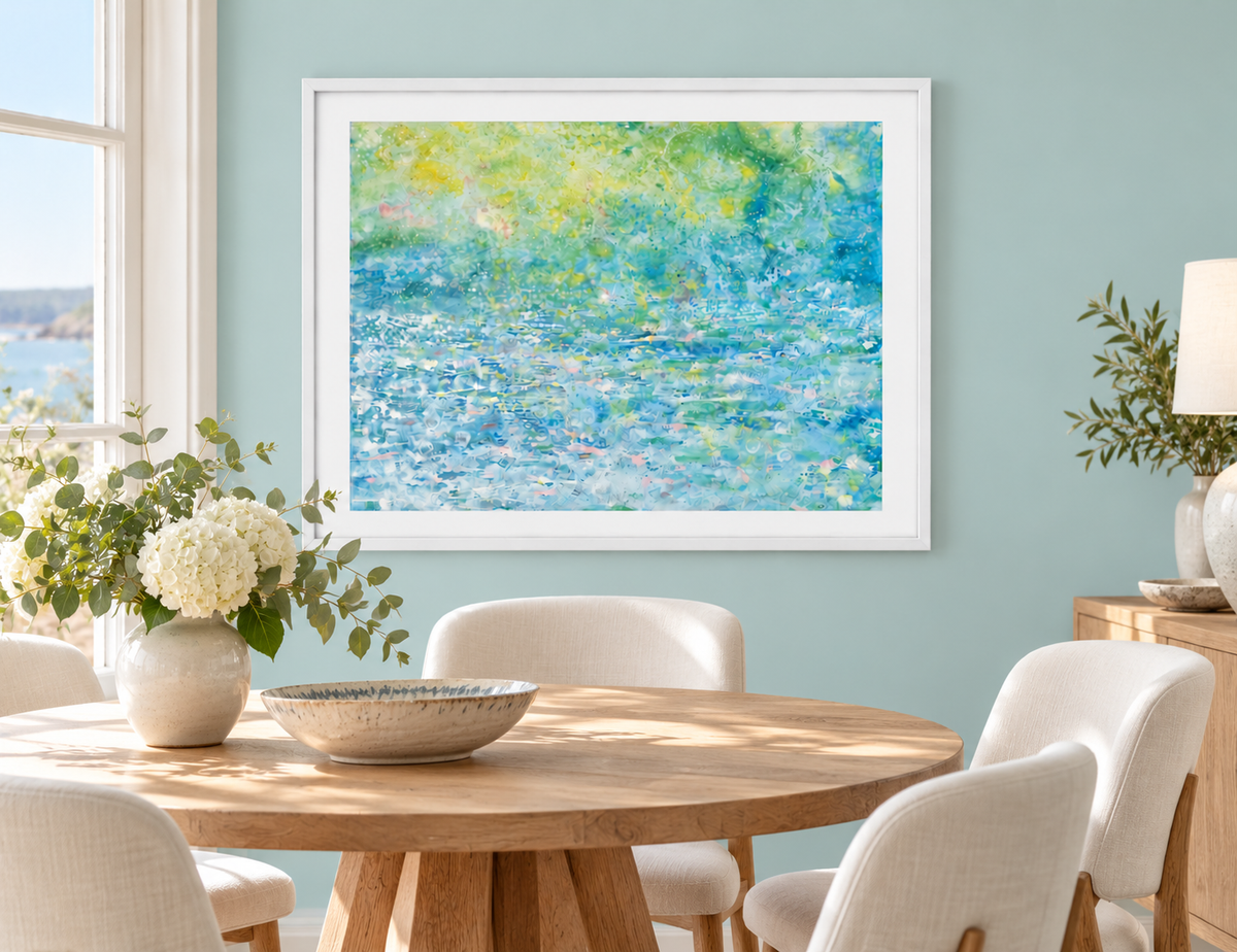 Illustrative interior mockup of Sea Angel by Iris Grace in a white frame, with a complementary room scene