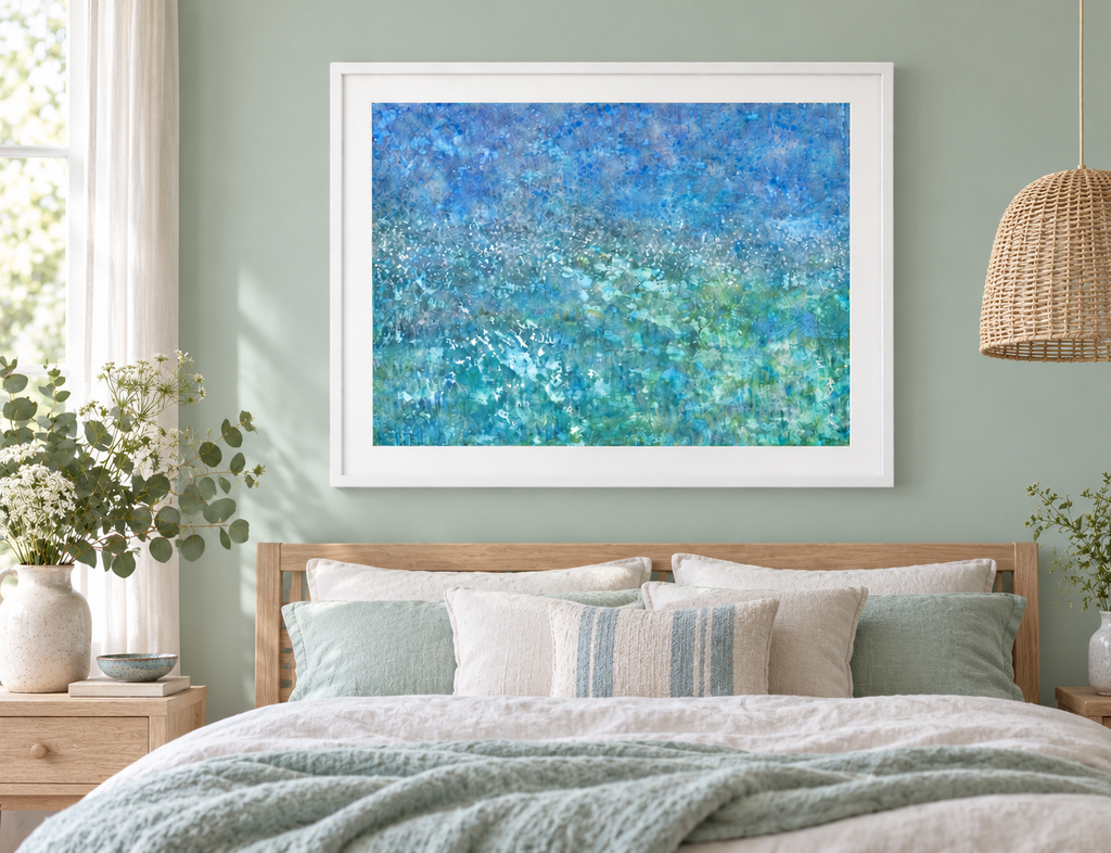 Illustrative interior mockup of Sea Whistle by Iris Grace in a white frame, with a complementary room scene