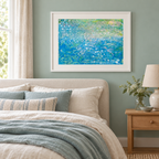 Illustrative interior mockup of The Story of the Secret Seahorse by Iris Grace in a white frame, with a complementary room scene