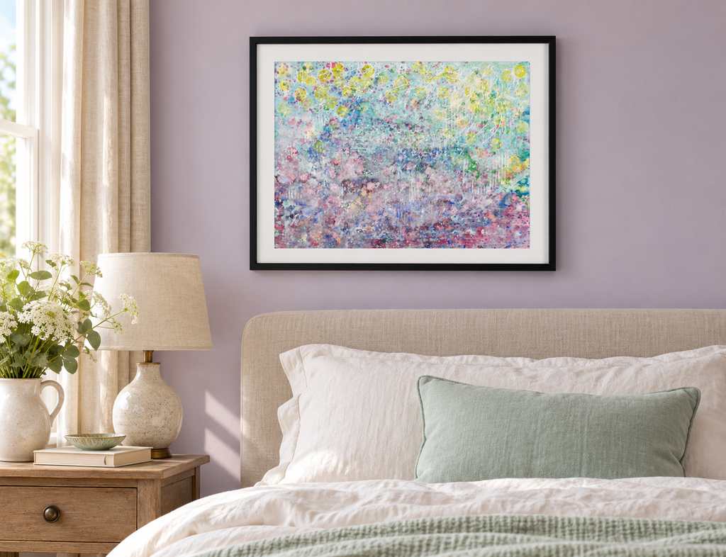 Illustrative room mockup of Spring Dance by Iris Grace in a black frame