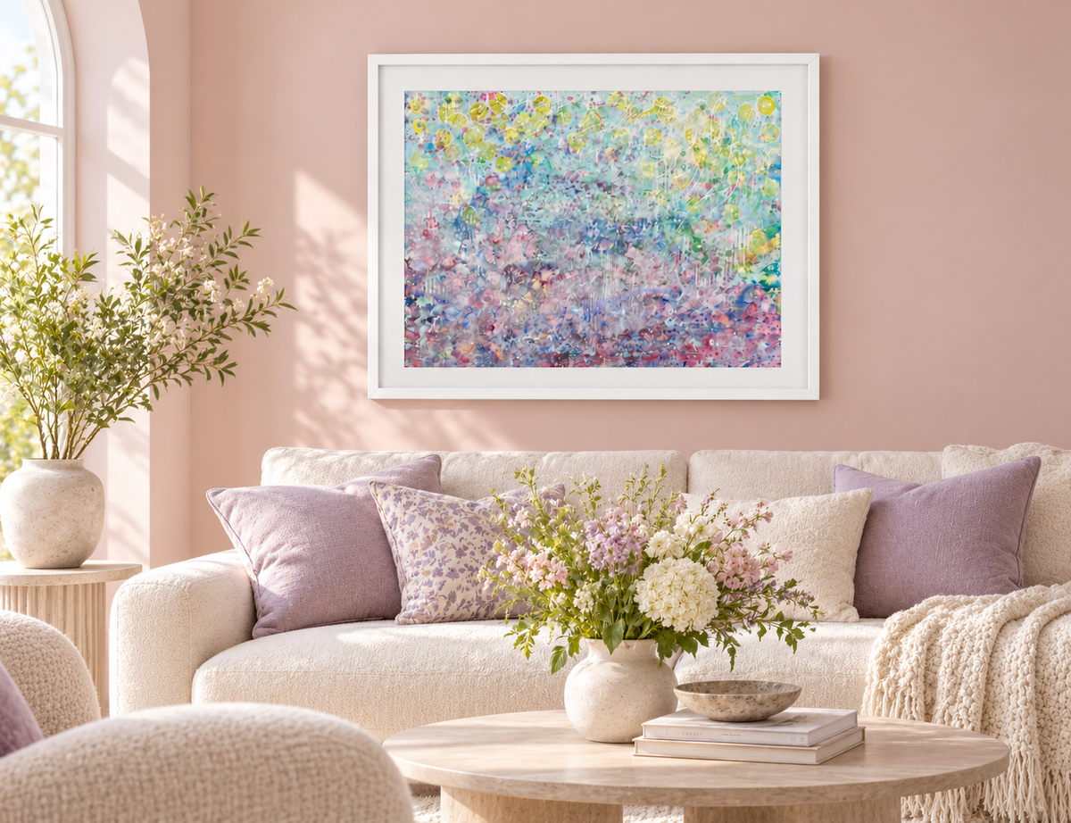 Illustrative interior mockup of Spring Dance by Iris Grace in a white frame, with a complementary room scene