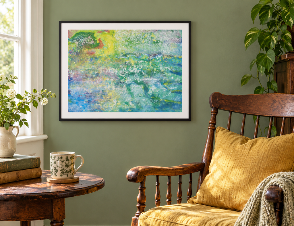 Illustrative room mockup of Story by Iris Grace in a black frame