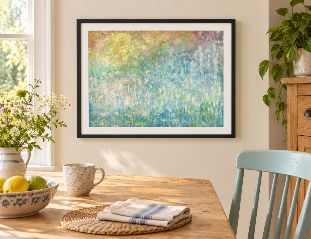 Illustrative room mockup of Sunflakes by Iris Grace in a black frame