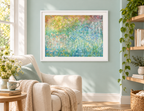 Illustrative interior mockup of Sunflakes by Iris Grace in a white frame, with a complementary room scene