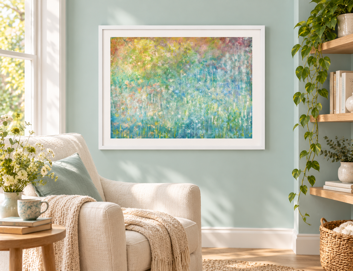 Illustrative interior mockup of Sunflakes by Iris Grace in a white frame, with a complementary room scene
