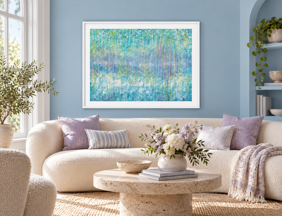 Illustrative interior mockup of Tempo by Iris Grace in a white frame, with a complementary room scene