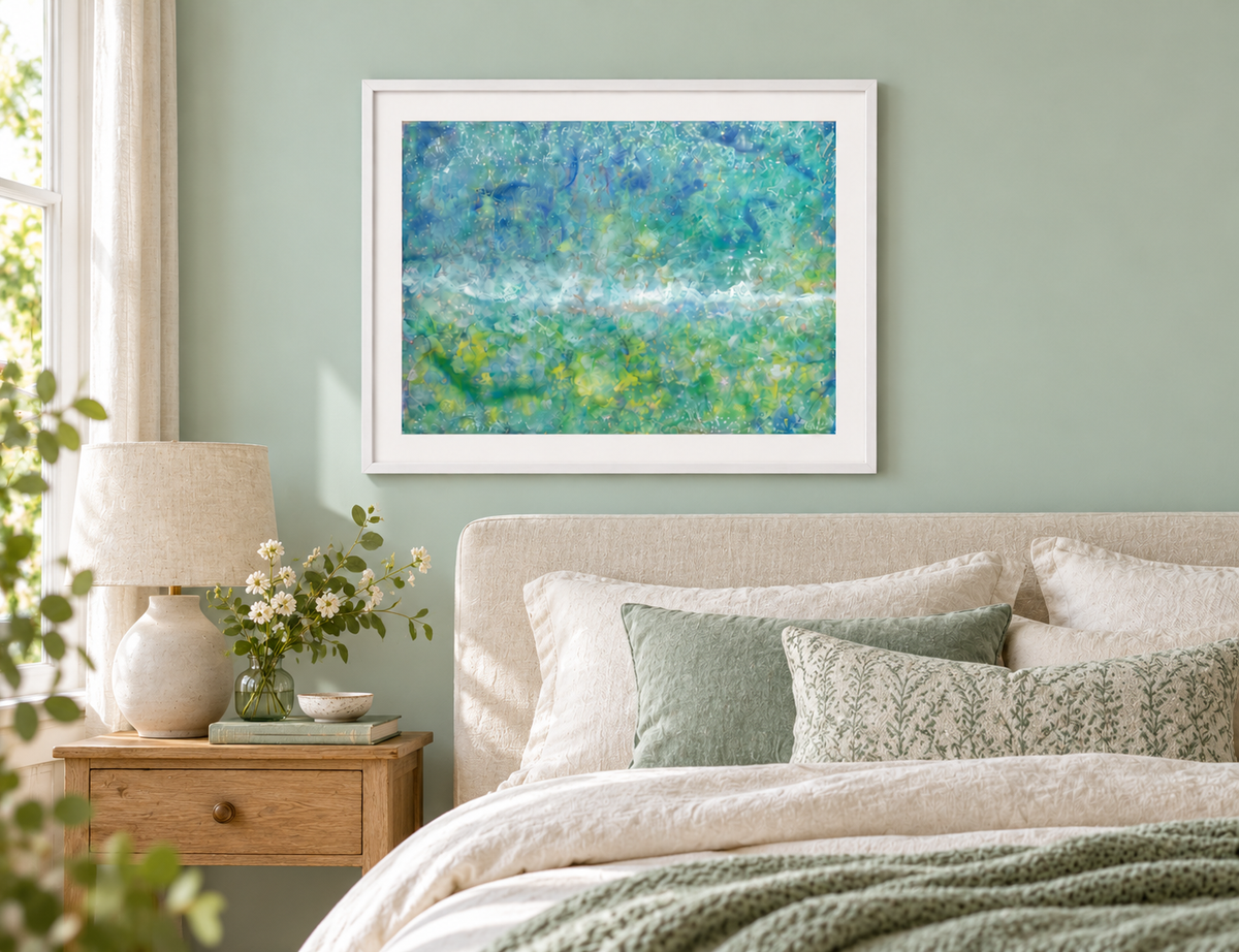 Illustrative interior mockup of The Cat and the Fiddle by Iris Grace in a white frame, with a complementary room scene