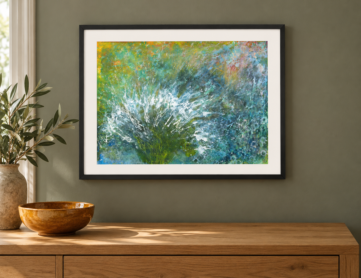 Illustrative room mockup of The Tale of Green by Iris Grace in a black frame
