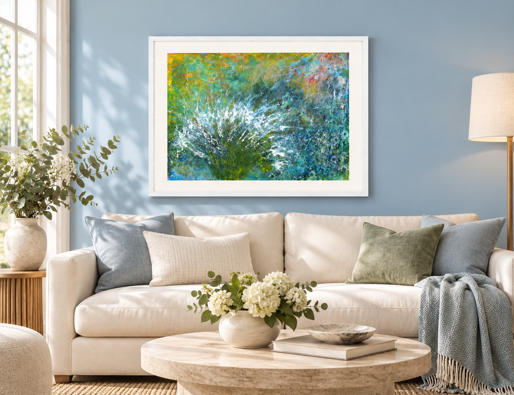 Illustrative interior mockup of The Tale of Green by Iris Grace in a white frame, with a complementary room scene