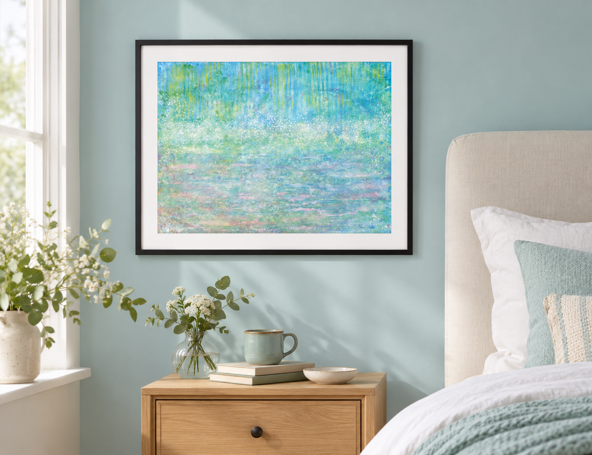 Illustrative room mockup of The Tale of the Water Baby by Iris Grace in a black frame