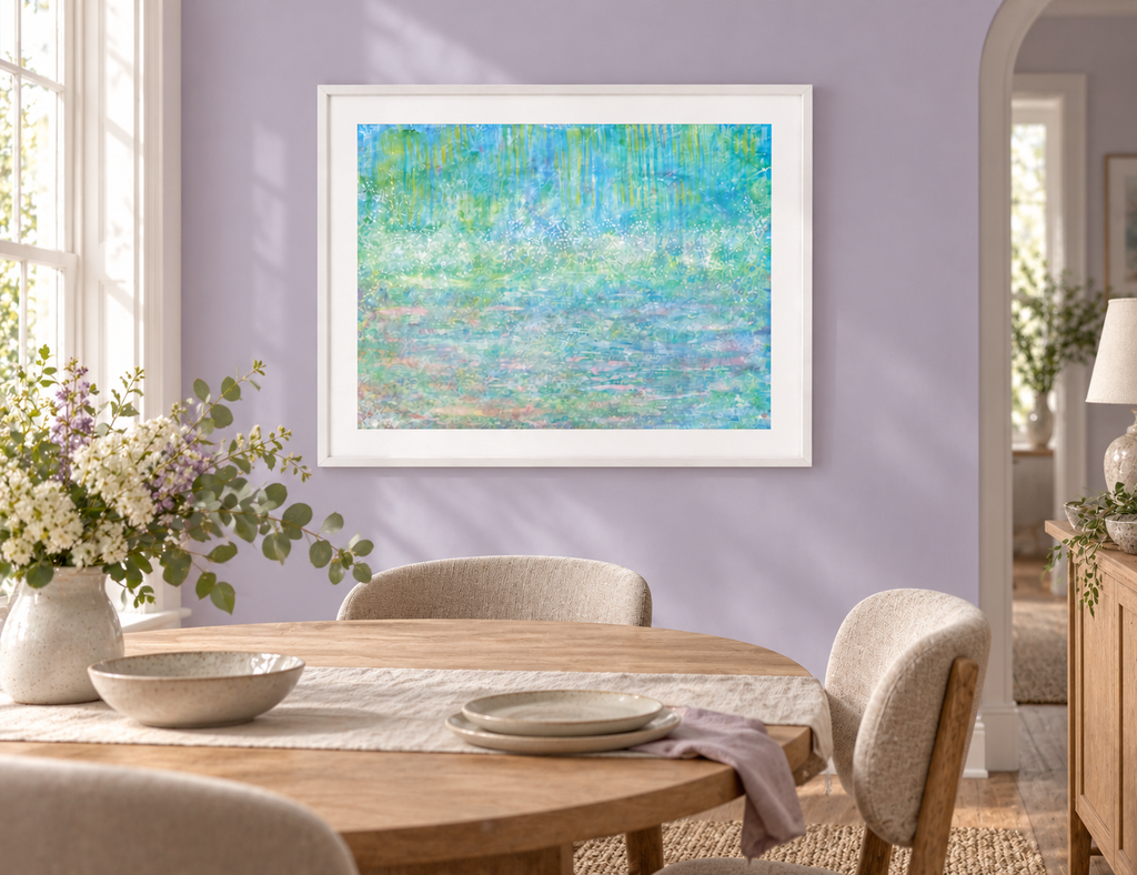 Illustrative interior mockup of The Tale of the Water Baby by Iris Grace in a white frame, with a complementary room scene