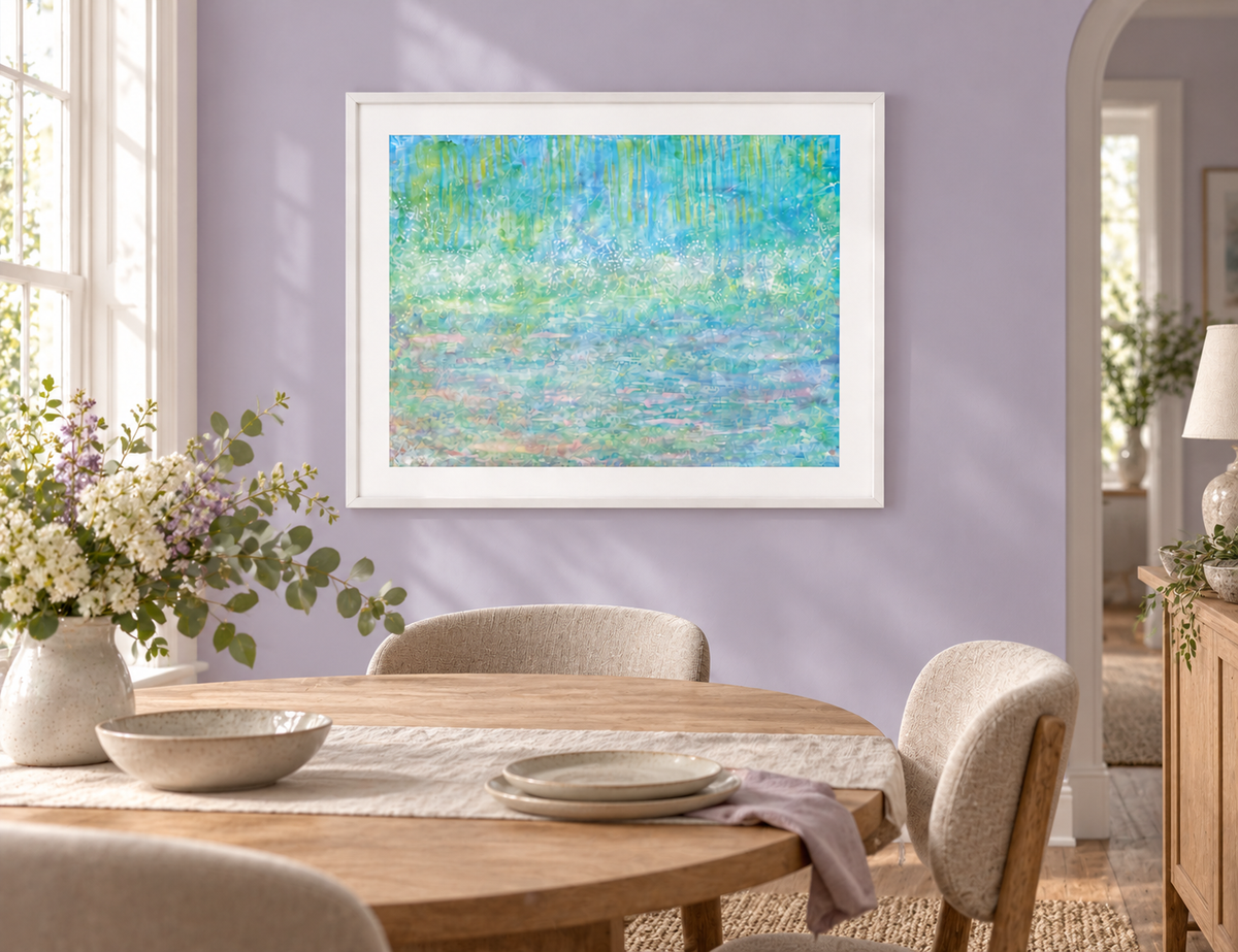 Illustrative interior mockup of The Tale of the Water Baby by Iris Grace in a white frame, with a complementary room scene