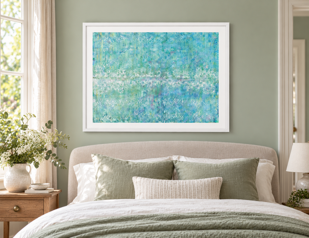 Illustrative interior mockup of Thistledown by Iris Grace in a white frame, with a complementary room scene
