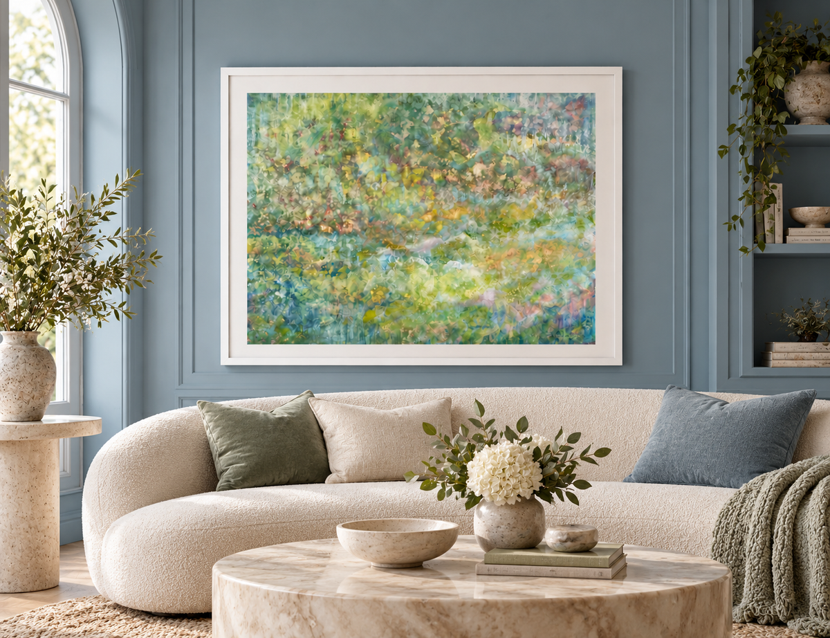 Illustrative interior mockup of Thula Mtwana by Iris Grace in a white frame, with a complementary room scene