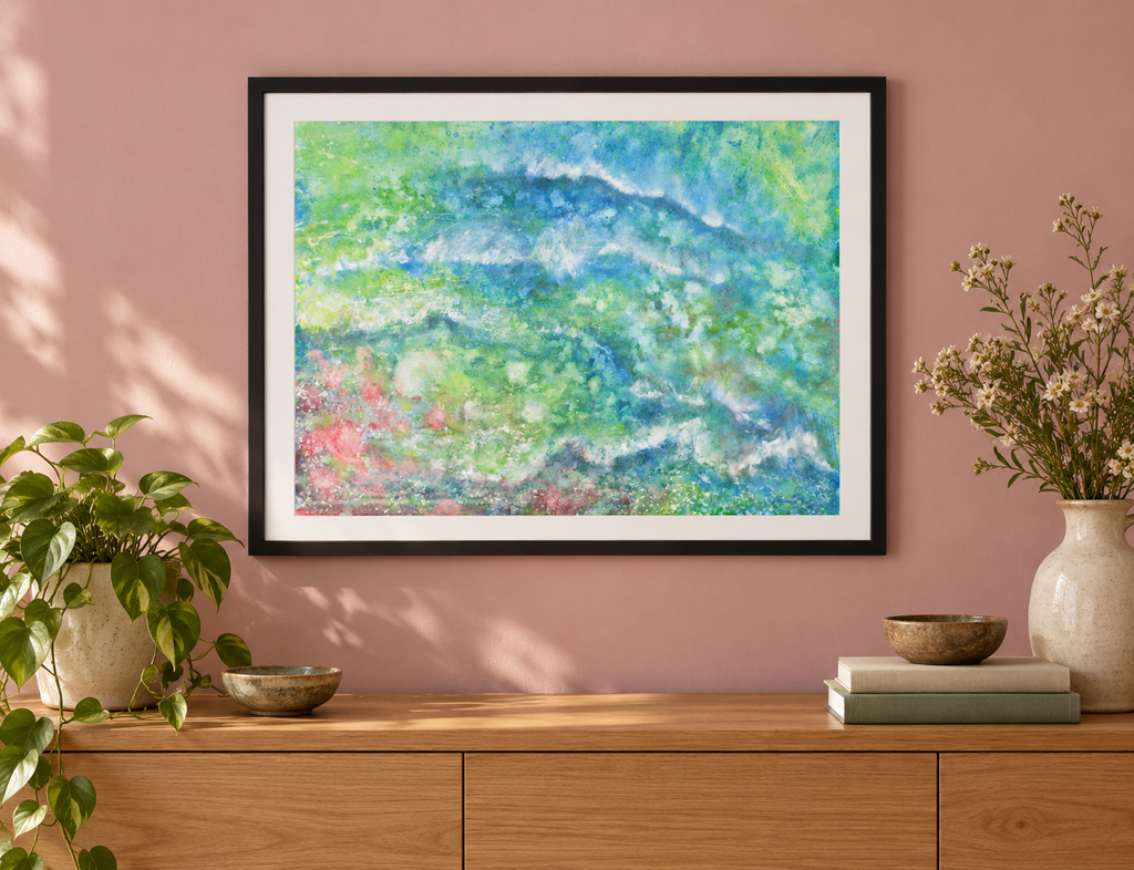 Illustrative room mockup of Tiddle Tum by Iris Grace in a black frame