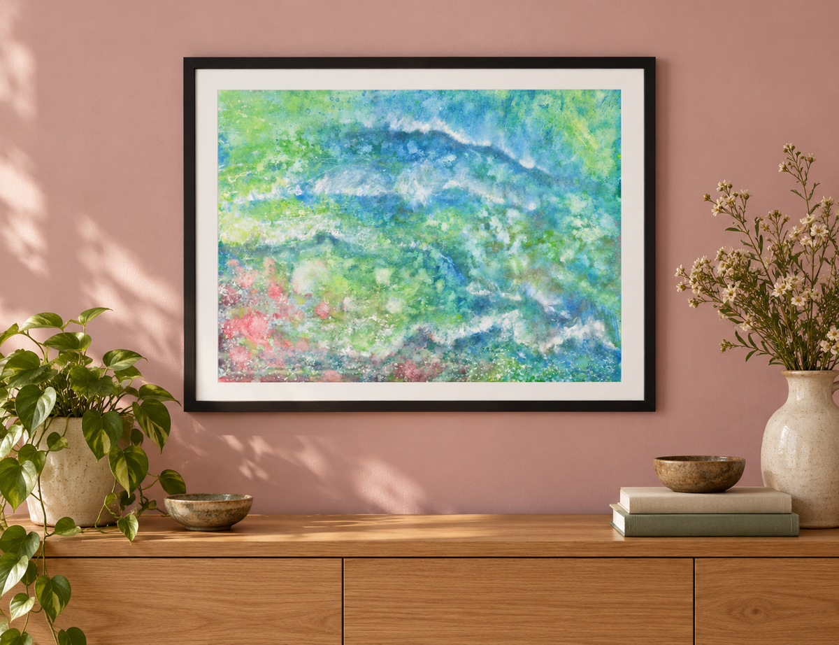 Illustrative room mockup of Tiddle Tum by Iris Grace in a black frame